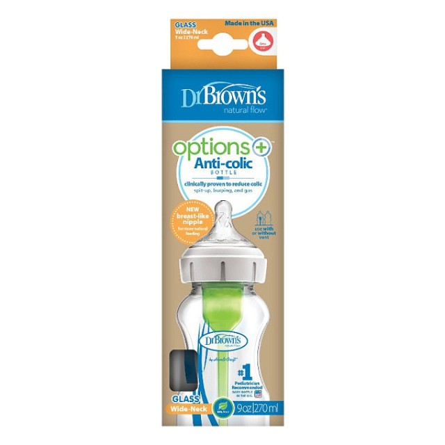 Dr. Brown's Baby Bottle with Wide Neck Glass Options+ & Silicone Nipple 270ml