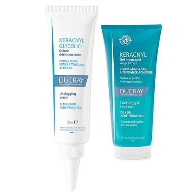 Ducray Keracnyl Glycolic+ Face Cream for Acne Prone Skin 30ml & Foaming Cleansing Gel 40ml