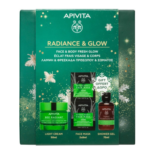 Apivita Bee Radiant Cream Light Texture 50ml & Face Mask Aloe 2x8ml & Tonic Mountain Tea Shower Gel 75ml