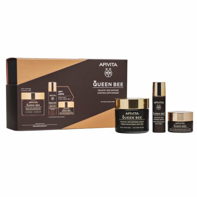 Apivita Queen Bee Holistic Age Defence Cream Rich 50ml, Night Cream 15ml & Serum 10ml