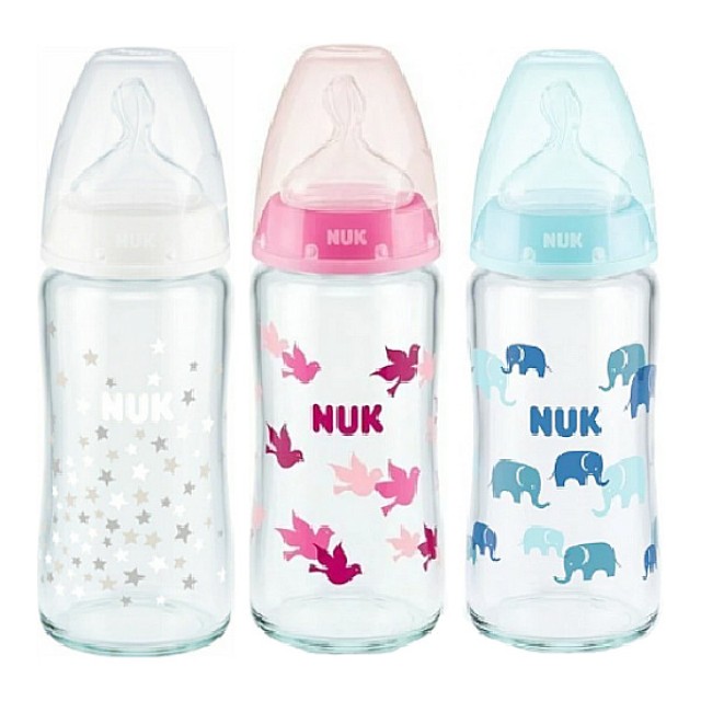 Nuk First Choice Plus Glass Baby Bottle Silicone Nipple Various Designs 0-6m 240ml