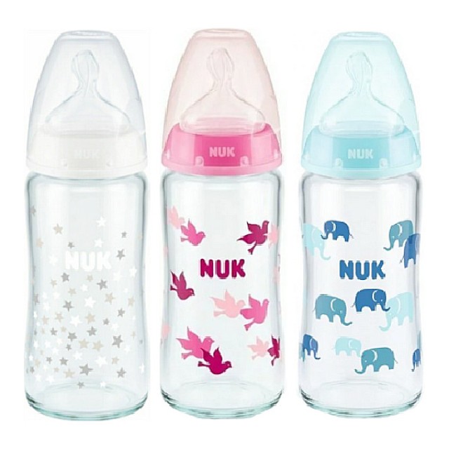 Nuk First Choice Plus Γυάλινο Μπιμπερό Θηλή Σιλικόνης Διάφορα Σχέδια 0-6m 240ml