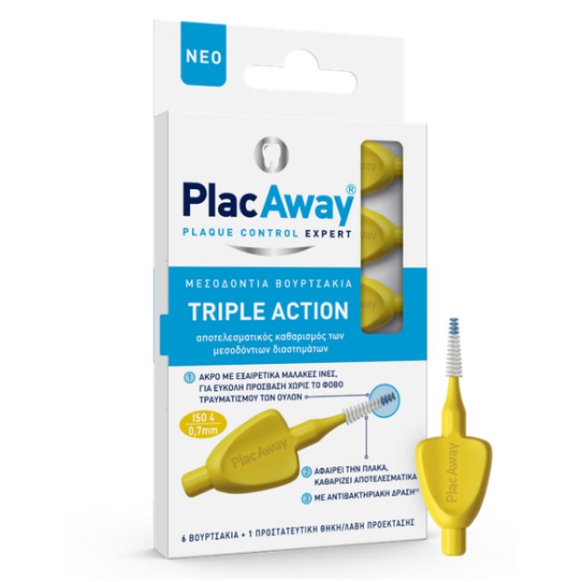 PlacAway Μεσοδόντιο Βουρτσάκι Triple Action 0.7mm ISO 4 Κίτρινο 6 τεμάχια