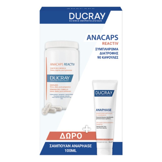 Ducray Anacaps Reactiv Reactional Hair Loss Supplement 90 κάψουλες & Anaphase Anti-Hair Loss and Growth Shampoo for Reactive Hair Loss 100ml