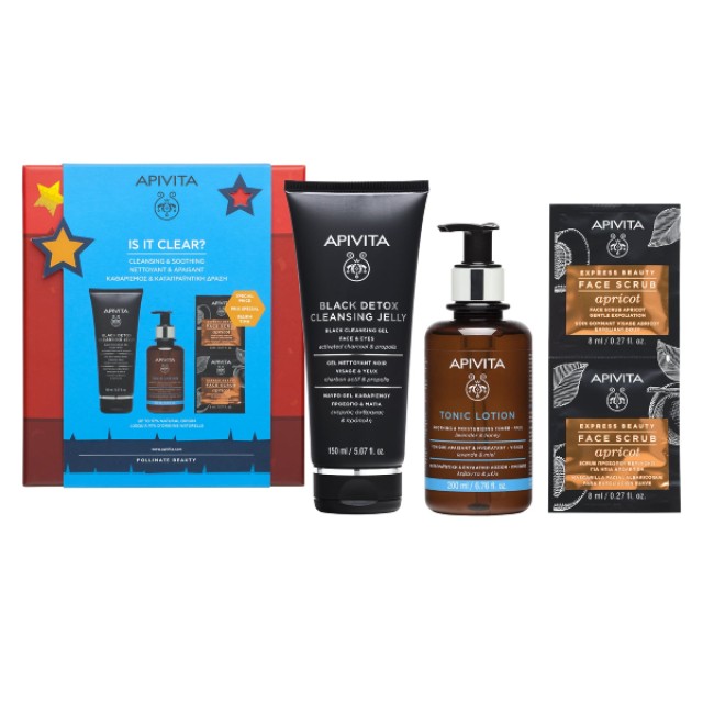 Apivita Promo Is It Clear? Black Detox Cleansing Jelly 150ml, Tonic Lotion 200ml & Apricot Face Scrub 2x8ml