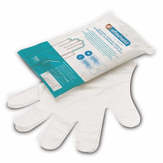 Alfashield Alfa Gloves Εξεταστικά Γάντια Πολυαιθυλενίου Χωρίς Πούδρα Διάφανο Large 100 τεμάχια