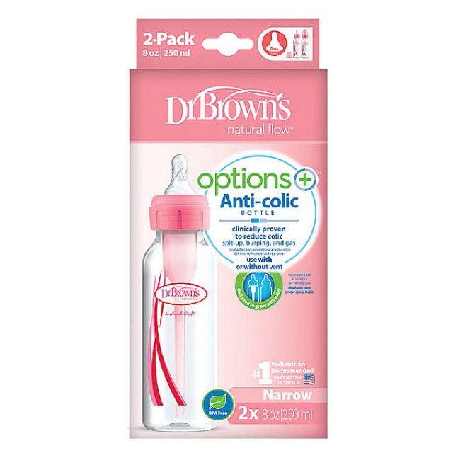 Dr. Brown's Bottle with Narrow Neck Plastic Options+ & Silicone Nipple Pink 2x250ml