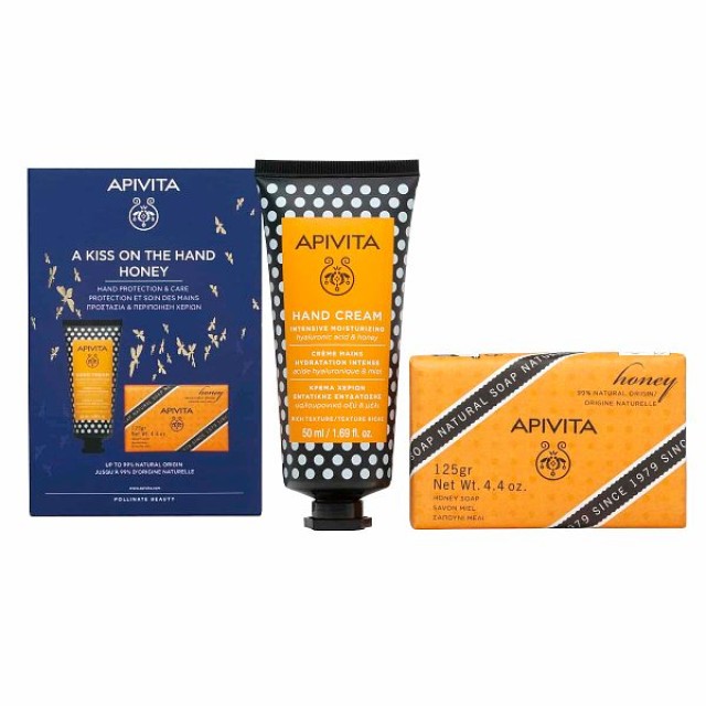 Apivita A Kiss On The Hand Honey: Intensive Moisturizing Hand Cream with Hyaluronic Acid and Honey 50ml & Natural Soap with Honey 125g