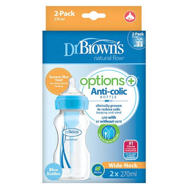 Dr. Brown's Baby Bottle with Wide Neck Plastic Options+ & Silicone Nipple Blue 2x270ml