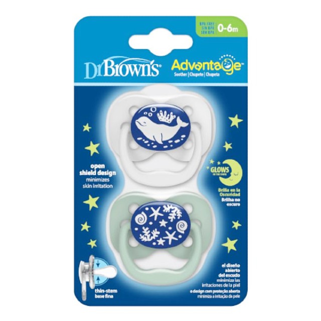 Dr. Brown's Advantage Πιπίλα Σιλικόνης Νυκτός 0-6m Πράσινο-Γκρι 2 τεμάχια