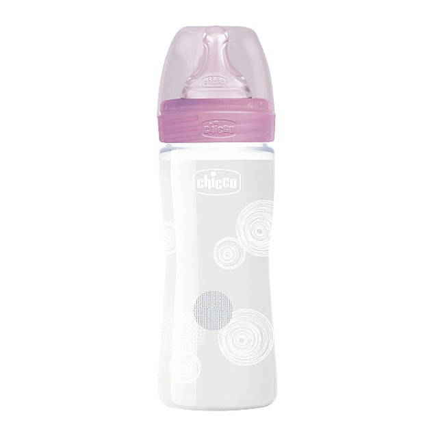 Chicco Well Being Γυάλινο Μπιμπερό με Θηλή Σιλικόνης Ροζ 0m+ 240ml