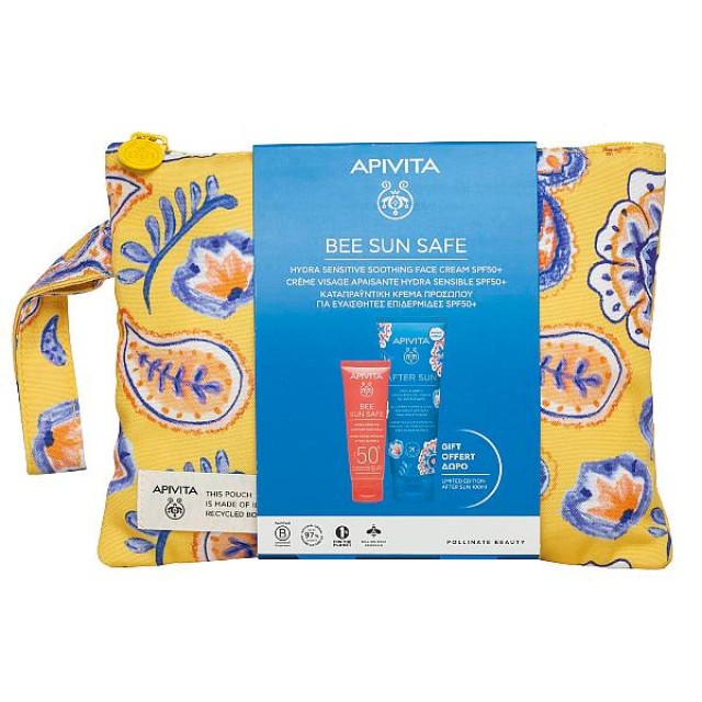 Apivita Bee Sun Safe Hydra Sensitive Soothing Face Cream SPF50 50ml & After Sun Cool & Sooth Face & Body Gel-Cream Travel Size 100ml