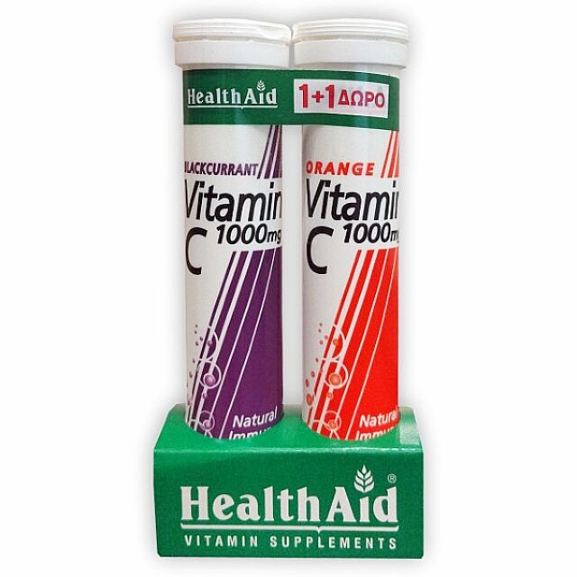 Health Aid Vitamin C 1000mg γεύση Φραγκοστάφυλο 20 αναβράζοντα δισκία & Vitamin C 1000mg γεύση Πορτοκάλι 20 αναβράζοντα δισκία