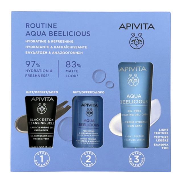 Apivita Aqua Beelicious Light Texture 40ml & Perfecting and Hydrating Toner 50ml & Black Detox Cleansing Jelly 50ml