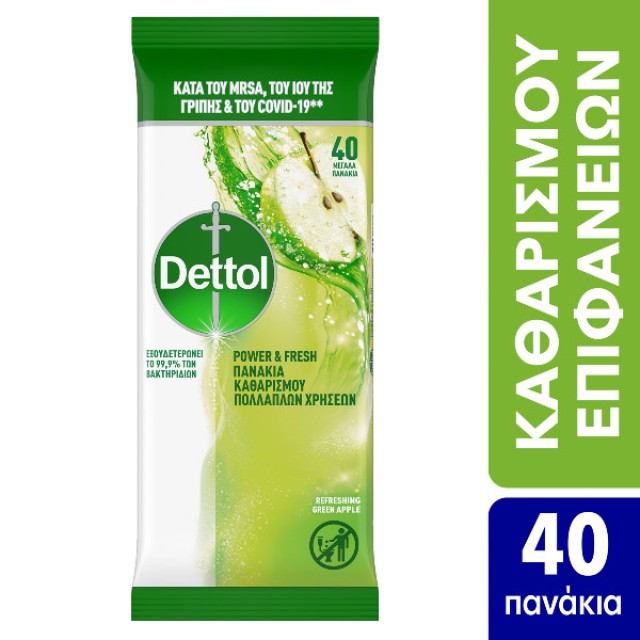 Dettol Απολυμαντικά Πανάκια Καθαρισμού Επιφανειών με Άρωμα Πράσινο Μήλο 40 πανάκια