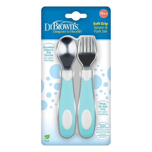 Dr. Brown's Soft Grip Spoon and Fork Set 12m+ Green 2 τεμάχια