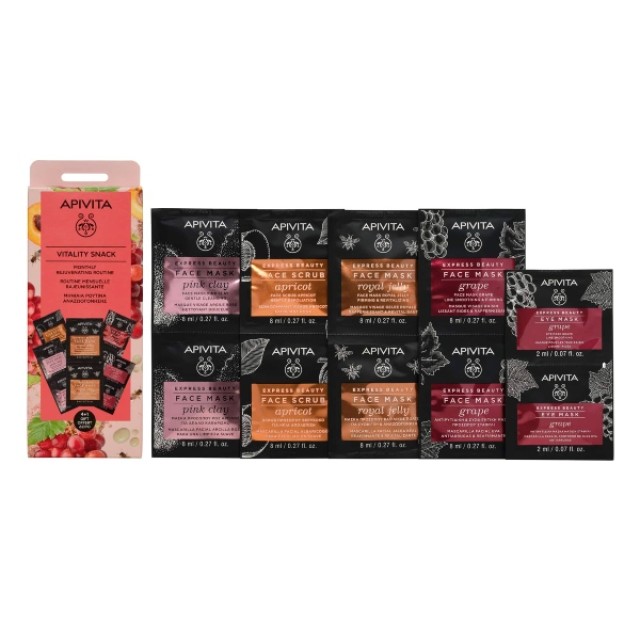 Apivita Vitality Snack Express Face Scrub Apricot 2x8ml, Face Mask Pink Clay 2x8ml, Royal Jelly 2x8ml, Grape 2x8ml & Eye Mask Grape 2x2ml