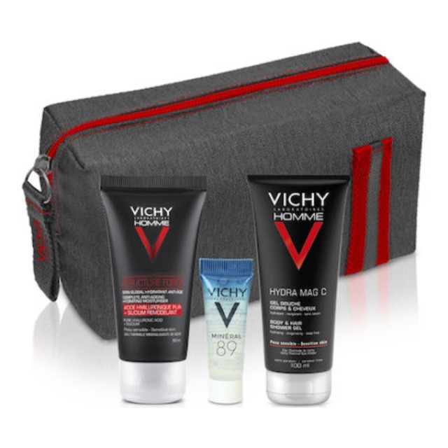 Vichy Xmas Set Homme Structure Force 50ml & Toiletry Collector Gift, Mineral 89 booster 4ml & Hydra Mag C Douche Gel 100ml