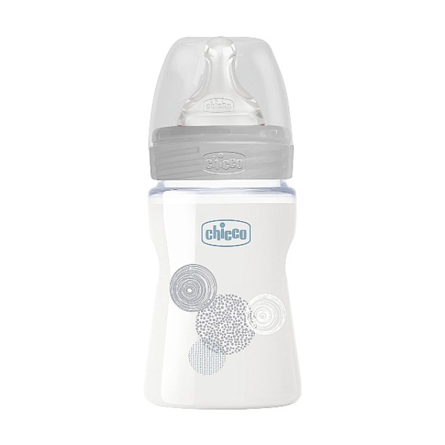 Chicco Well Being Γυάλινο Μπιμπερό με Θηλή Σιλικόνης Γκρι 0m+ 150ml