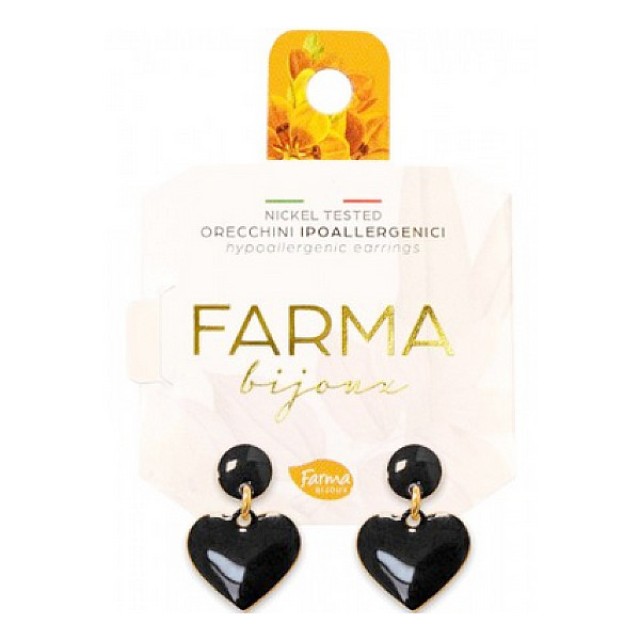 Farma Bijoux Υποαλλεγικά Σκουλαρίκια Κρεμαστές Μαύρες Καρδιές 20mm