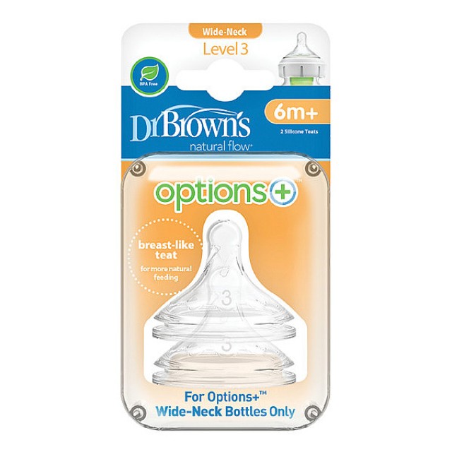 Dr. Brown's Options+ Silicone Nipples for Wide Neck Baby Bottles Level 3 6m+ 2 pcs