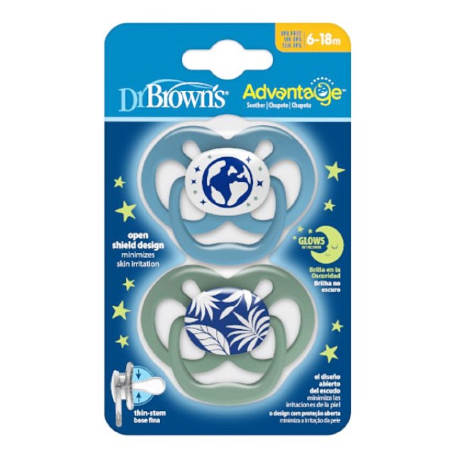Dr. Brown's Advantage Πιπίλα Σιλικόνης Νυκτός 6-18m Πράσινο-Μπλε 2 τεμάχια