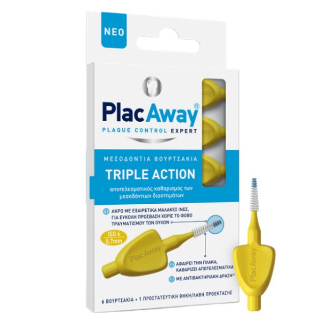 PlacAway Triple Action Interdental Brush ISO 4 0.7mm Yellow 6 τεμάχια
