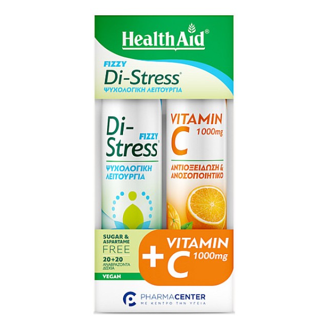 Health Aid Di-Stress γεύση Λεμόνι-Ανανάς 20 αναβράζοντα δισκία & Vitamin C 1000mg γεύση Πορτοκάλι 20 αναβράζοντα δισκία