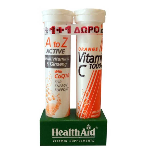 Health Aid A to Z Active Multivitamins & Ginseng+CoQ10 20 effervescent tablets & Vitamin C 1000mg Orange flavor 20 effervescent tablets