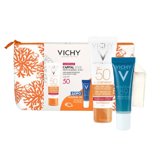 Vichy Capital Soleil Promo Anti-Age 3 σε 1 Αντηλιακή Κρέμα Προσώπου SPF50 50ml & ΔΩΡΟ Mineral 89 Booster Probiotic Fractions 10ml & Καλοκαιρινό Νεσεσέρ