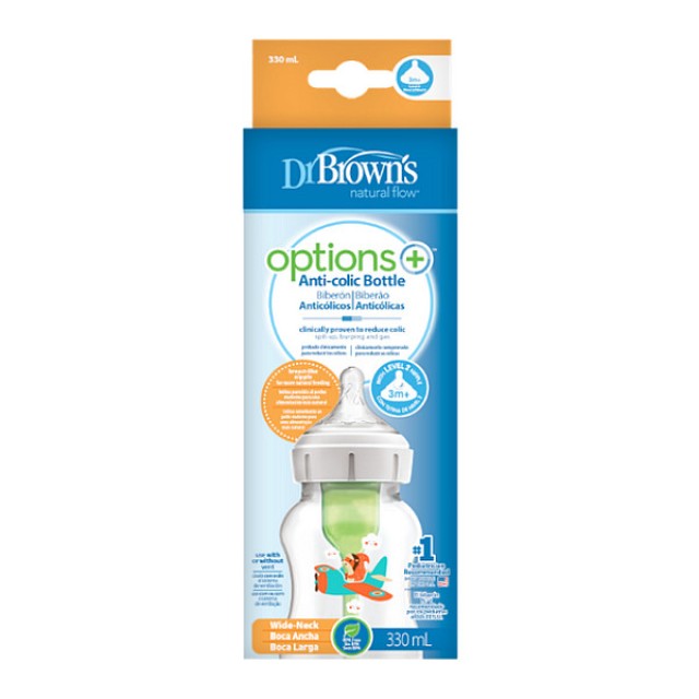 Dr. Brown's Baby Bottle with Wide Neck Plastic Options+ & Silicone Nipple Squirrel 330ml