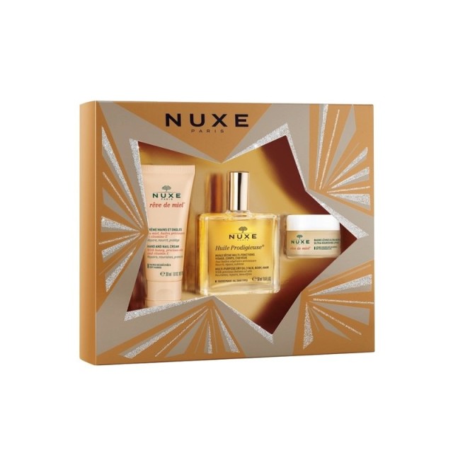 NUXE GIFT SET REVE DE MIEL Creme Mains et Ongles 30ml + Huile Prodigieuse 50ml + REVE DE MIEL Baume Levres Ultra Nourrissant 15gr