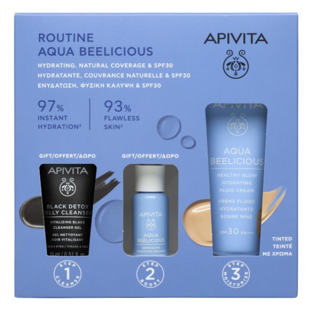 Apivita Aqua Beelicious Fluid Cream SPF30 Tinted 40ml & Booster 10ml & Black Detox Jelly Cleanser 15ml