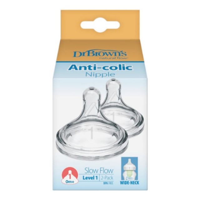 Dr. Brown's Anti-Colic Nipple Wide Baby Bottle Level 1 0m+ 2 τεμάχια