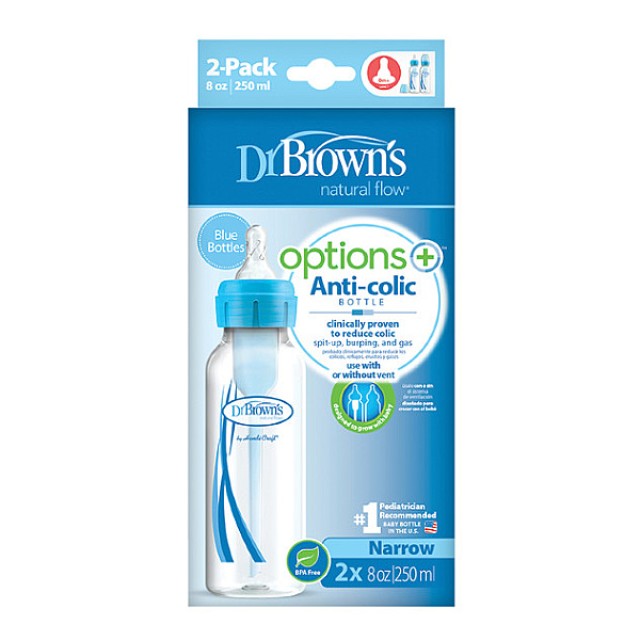 Dr. Brown's Bottle with Narrow Neck Plastic Options+ & Silicone Nipple Blue 2x250ml