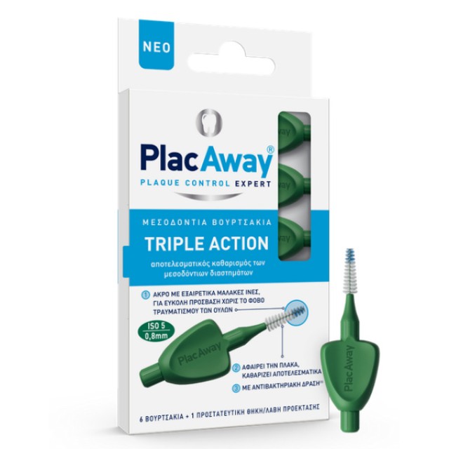 PlacAway Μεσοδόντιο Βουρτσάκι Triple Action 0.8mm ISO 5 Πράσινο 6 τεμάχια