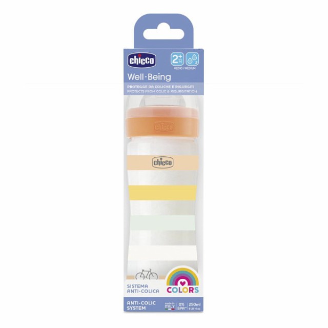 Chicco Well Being Plastic Baby Bottle 2m+ Yellow-Orange Stripes 250ml