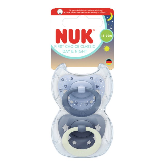 Nuk First Choice Classic Day and Night Silicone Soother 18-36m Blue 2 τεμάχια