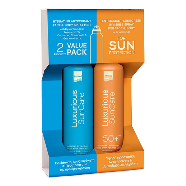 Intermed Luxurious Sun Care Hydrating Antioxidant Mist Face & Body 200ml & Antioxidant Sunscreen Invisible Spray Face & Body SPF50 200ml