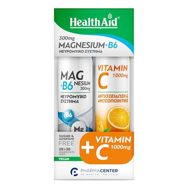 Health Aid Magnesium 300mg+B6 γεύση Λεμόνι 20 αναβράζοντα δισκία & Vitamin C 1000mg γεύση Πορτοκάλι 20 αναβράζοντα δισκία
